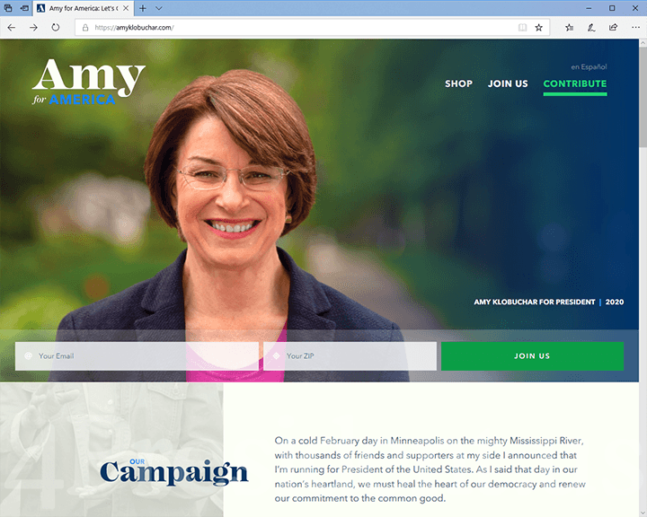 Amy Klobuchar 2020 Website, February 10, 2019