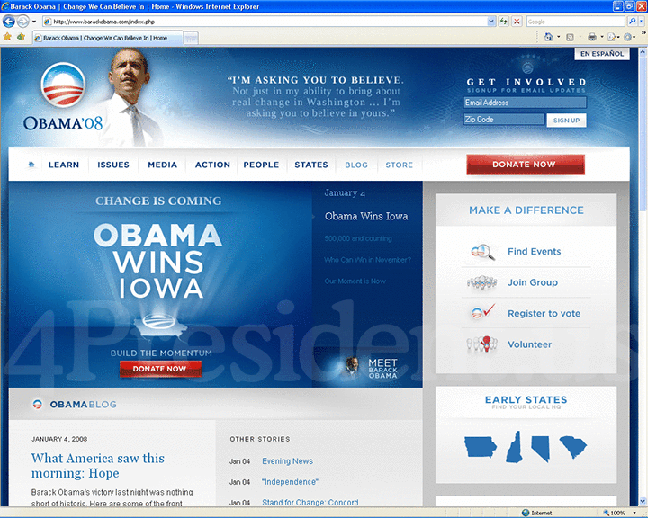 Barack Obama 2008 Website, January 4, 2008
