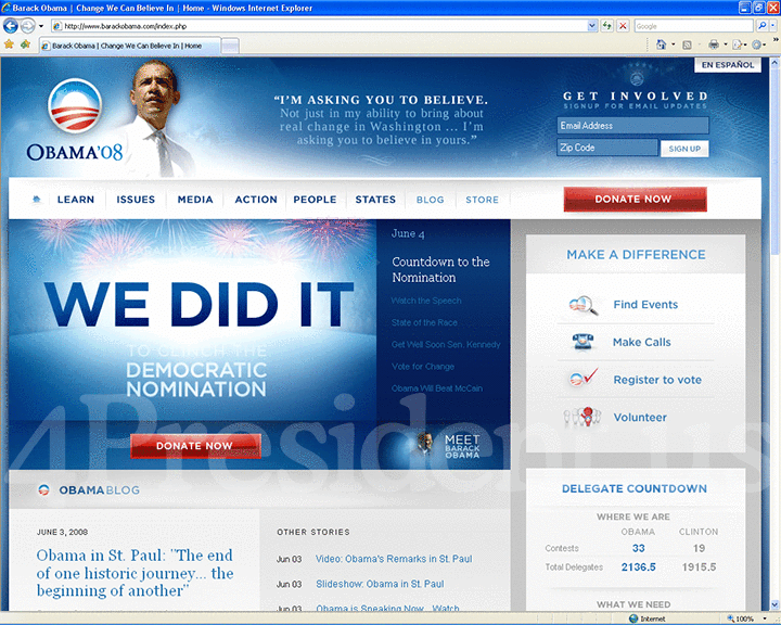 Barack Obama 2008 Website, June 3, 2008