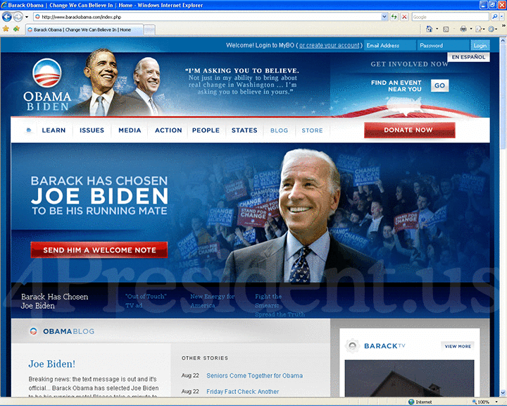 Barack Obama 2008 Website, August 23, 2008