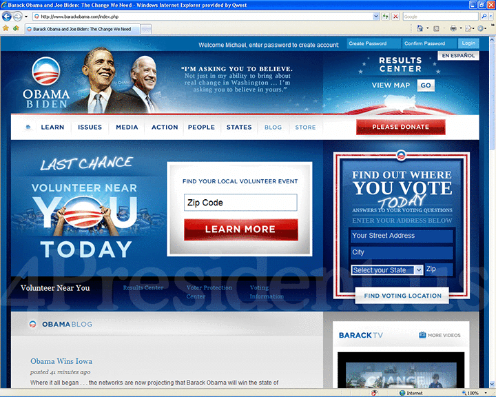 Barack Obama 2008 Website, November 4, 2008