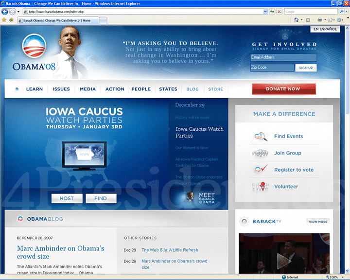 Barack Obama 2008 Website, December 29, 2007
