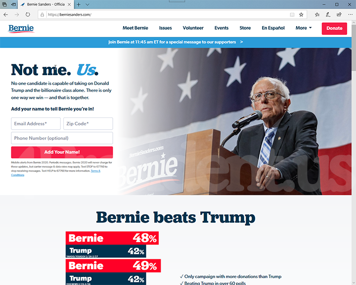 Bernie Sanders 2020 Website, April 8, 2020