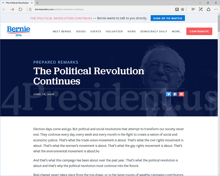 Bernie Sanders 2016 Website, June 16, 2016