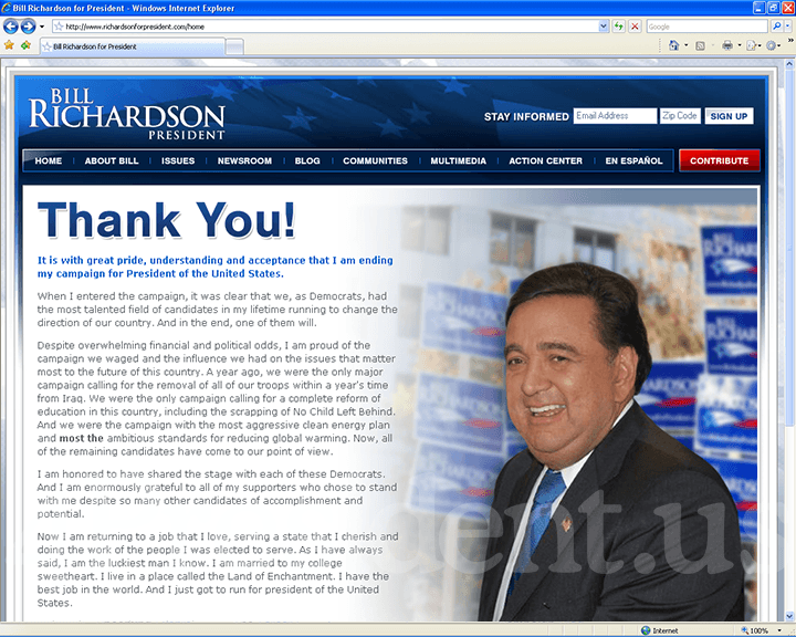 Bill Richardson 2008 Website, January 10, 2008