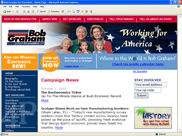 Bob Graham 2004 Website, October 3, 2003