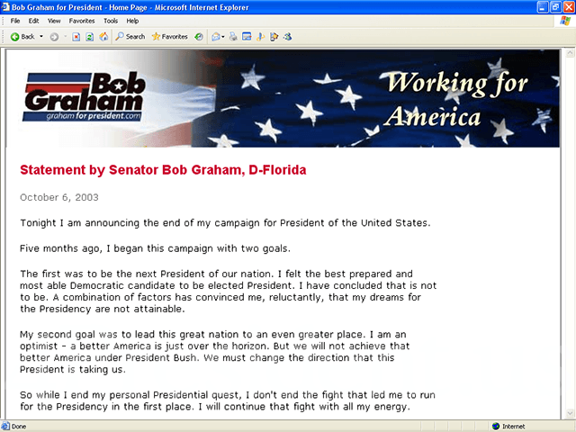 Bob Graham 2004 Website, October 3, 2003