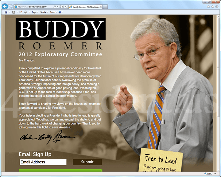 Buddy Roemer 2012 Website, March 2, 2011