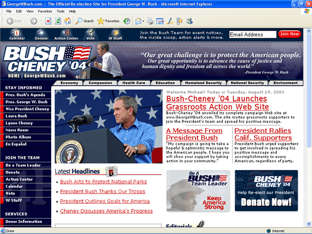 George W. Bush 2004 Website, August 19, 2003
