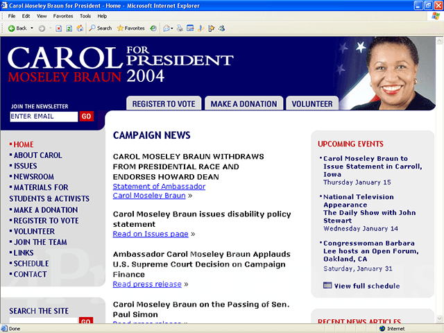 Carol Moseley Braun 2004 Website, January 15, 2004