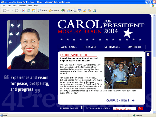 Carol Moseley Braun 2004 Web Site, February 19, 2003