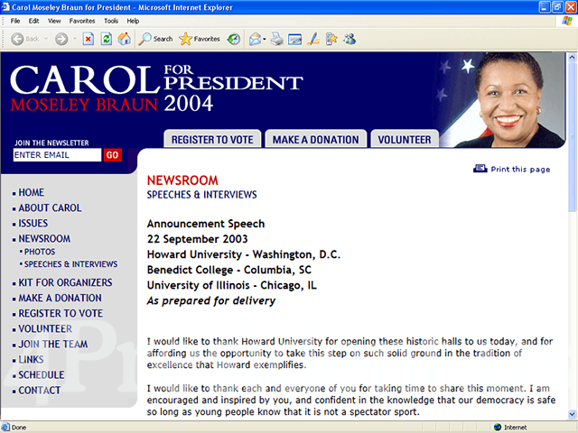 Carol Moseley Braun 2004 Website, September 22, 2003
