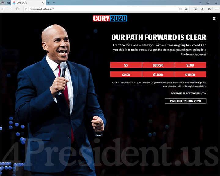 Cory Booker 2020 Website, January 12, 2020