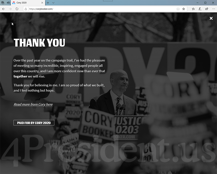 Cory Booker 2020 Website, January 12, 2020