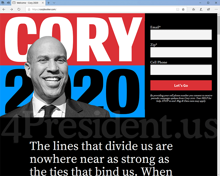 Cory Booker 2020 Website, February 1, 2019