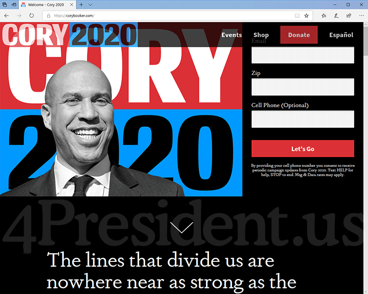 Cory Booker 2020 Website, April 13, 2019