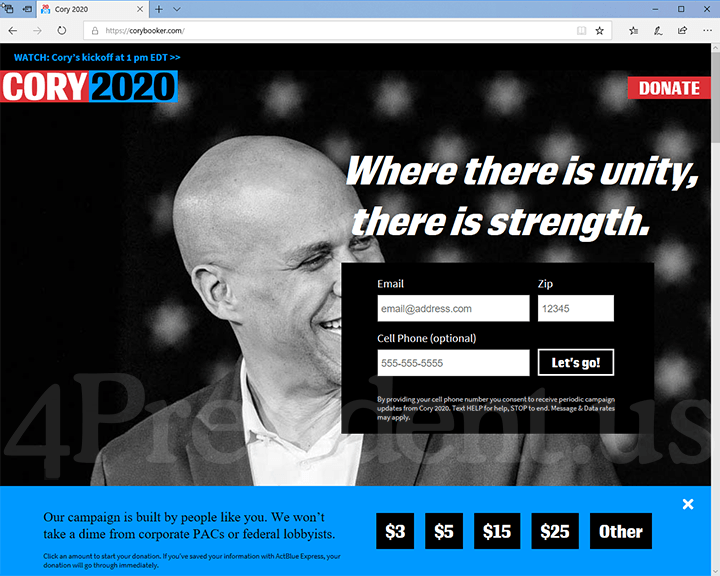 Cory Booker 2020 Website, April 13, 2019
