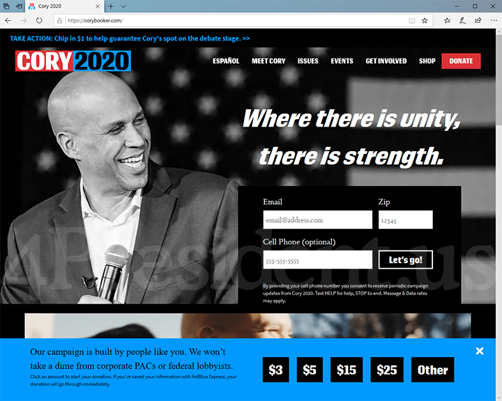 Cory Booker 2020 Website, June 30, 2019