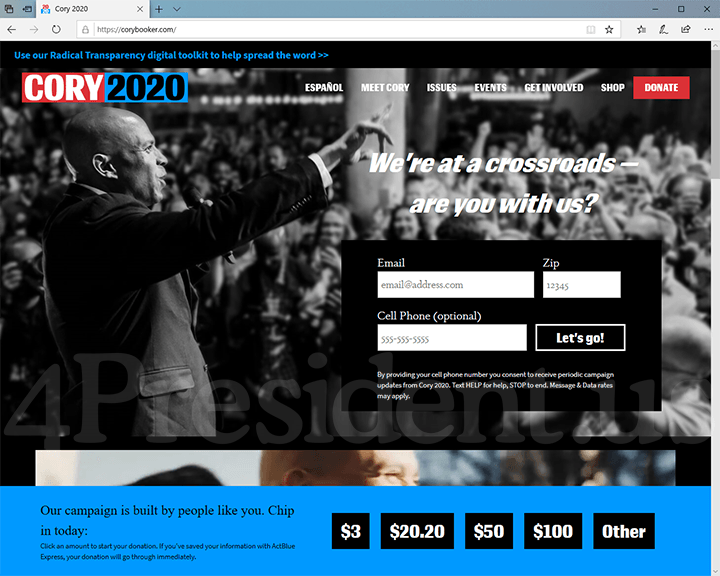 Cory Booker 2020 Website, September 30, 2019