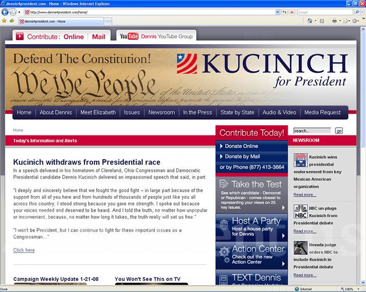 Dennis Kucinich 2008 Website, January 25, 2008