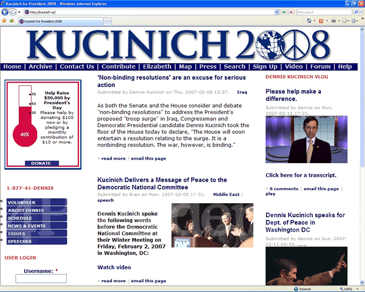 Dennis Kucinich 2008 Website, February 16, 2007