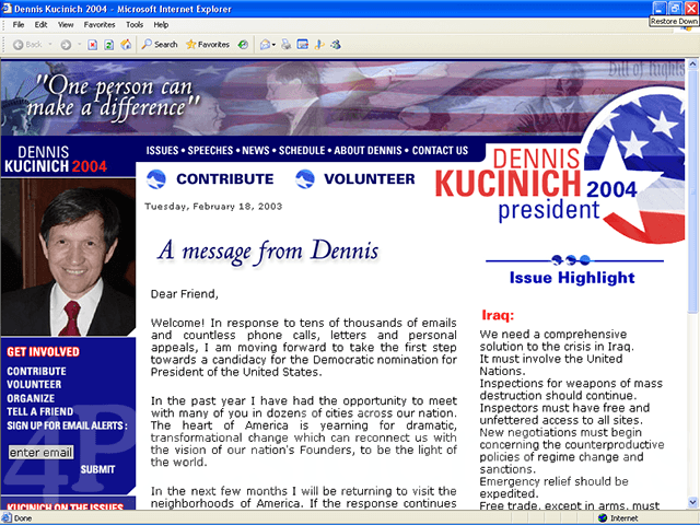 Dennis Kucinich 2004 Web Site, February 18, 2003
