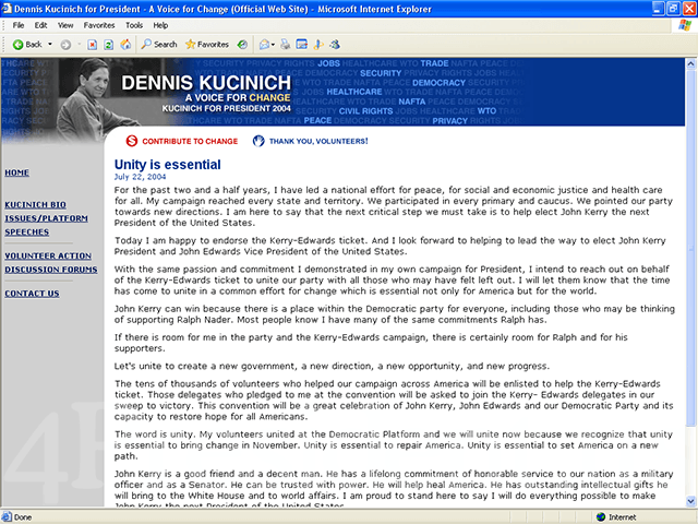 Dennis Kucinich 2004 Web Site, July 22, 2004