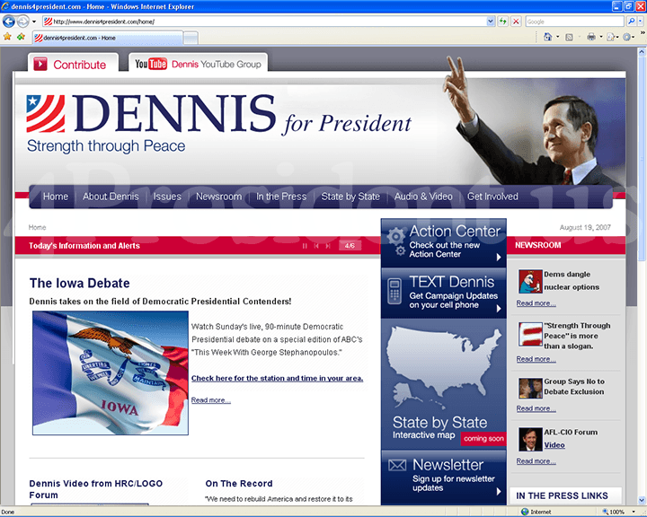 Dennis Kucinich 2008 Website, August 19, 2007