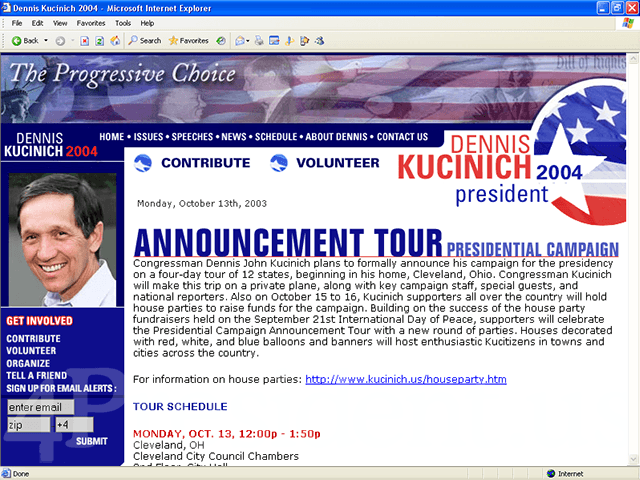 Dennis Kucinich 2004 Website, October 13, 2003