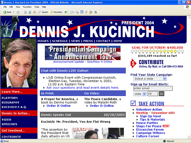 Dennis Kucinich 2004 Web Site, October 30, 2003