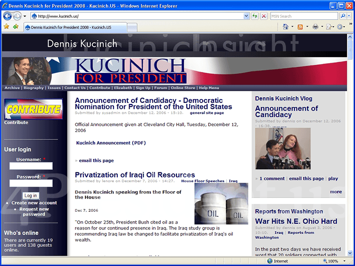 Dennis Kucinich 2008 Website, December 12, 2006