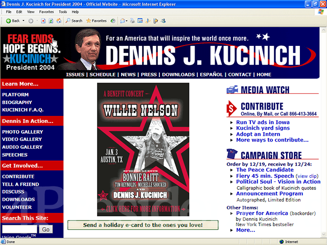 Dennis Kucinich 2004 Website, December 16, 2003