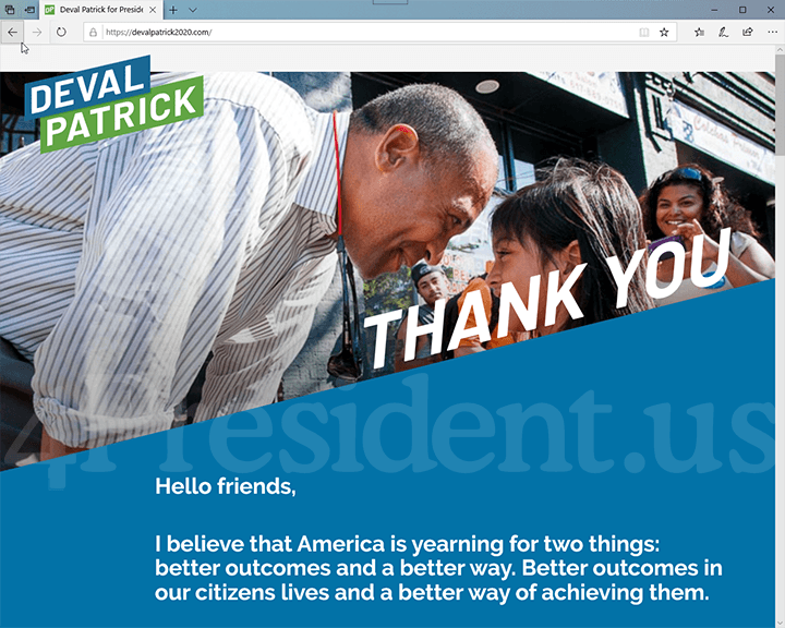 Deval Patrick 2020 Website, February 12, 2020