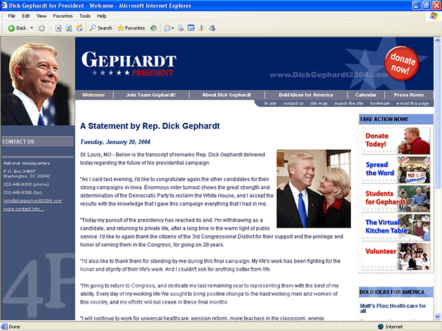 Dick Gephardt 2004 Web Site, January 20, 2004