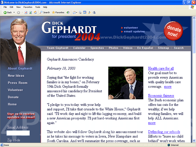Dick Gephardt 2004 Website, February 19, 2003