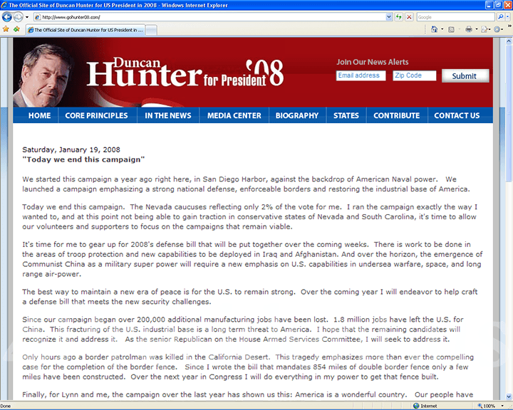 Duncan Hunter 2008 Website, January 19, 2008