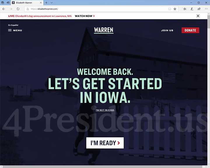Elizabeth Warren 2020 Website, February 9, 2019