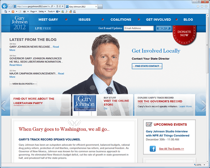 Gary Johnson 2012 Website, December 28, 2011