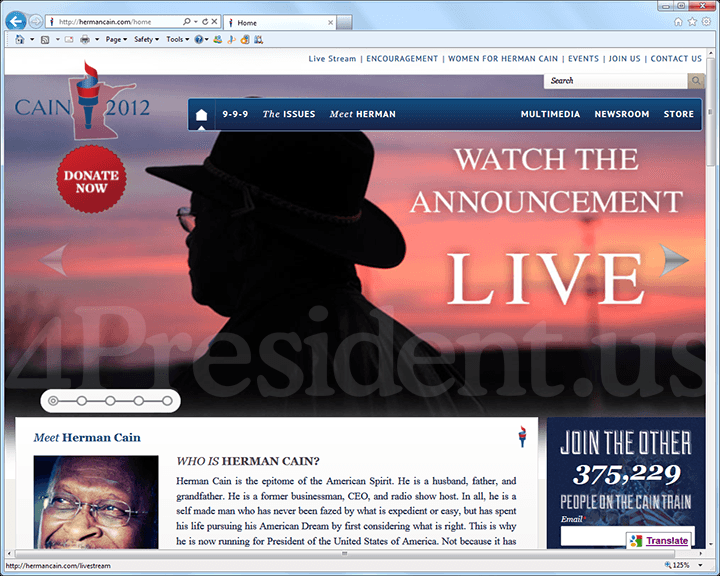 Herman Cain 2012 Website, December 3, 2011