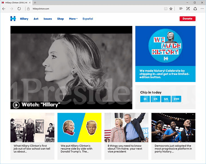 Hillary Clinton 2016 Website, July 28, 2016
