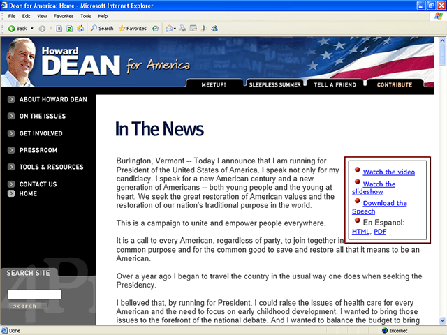 Howard Dean 2004 Web Site, July 31, 2003