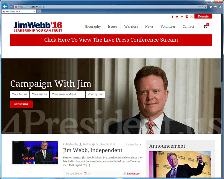 Jim Webb 2016 Website, October 20, 2015