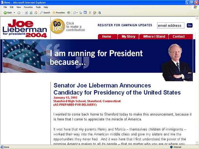 Joe Lieberman 2004 Web Site, January 13, 2003