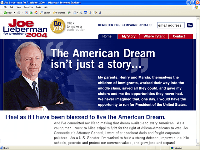 Joe Lieberman 2004 Web Site, January 13, 2003