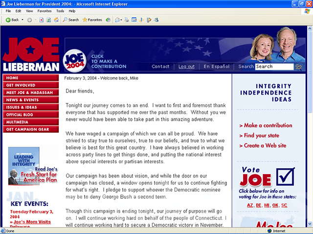 Joe Lieberman 2004 Website, February 3, 2004