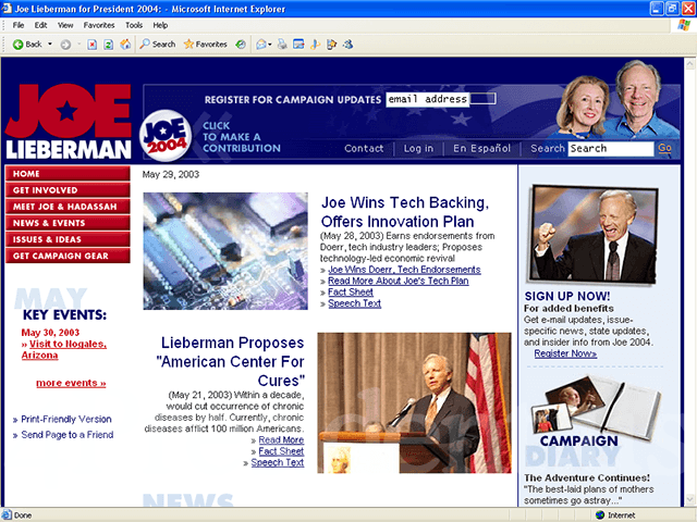 Joe Lieberman 2004 Website, May 29, 2003