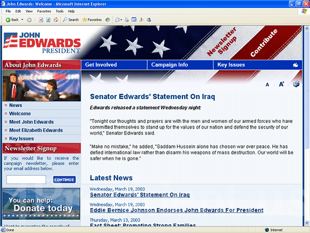 John Edwards 2004 Website, March 20, 2003