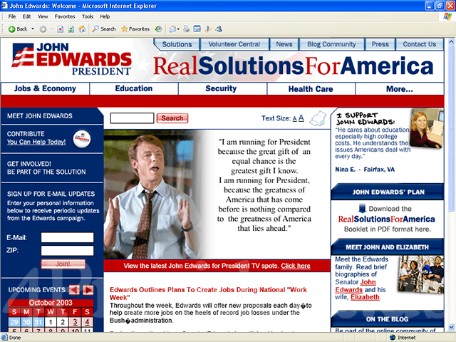 John Edwards 2004 Web Site, October 3, 2003