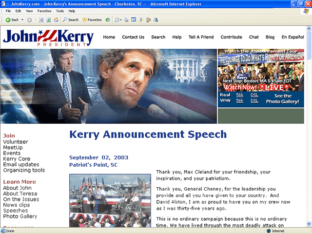 John Kerry 2004 Web Site, September 2, 2003