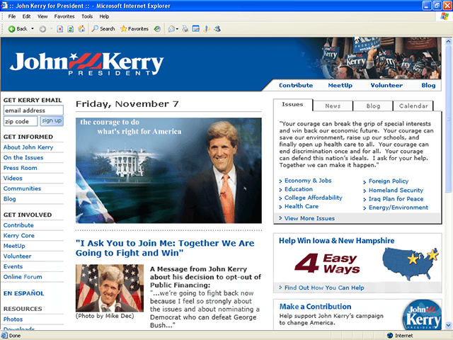 John Kerry 2004 Web Site, November 7, 2003